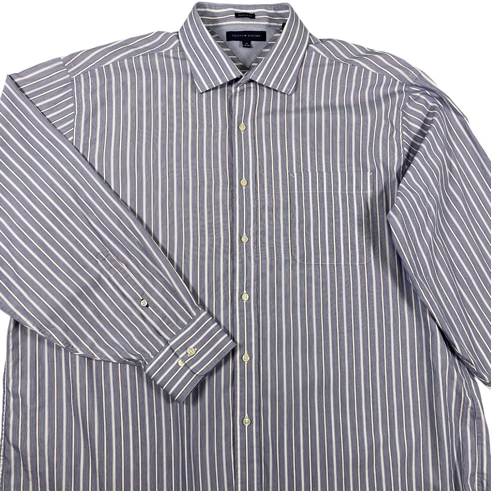 Tommy Hilfiger Men's Dress Shirt 18 34-35 Regular Fit Blue Stripe Cotton Preppy